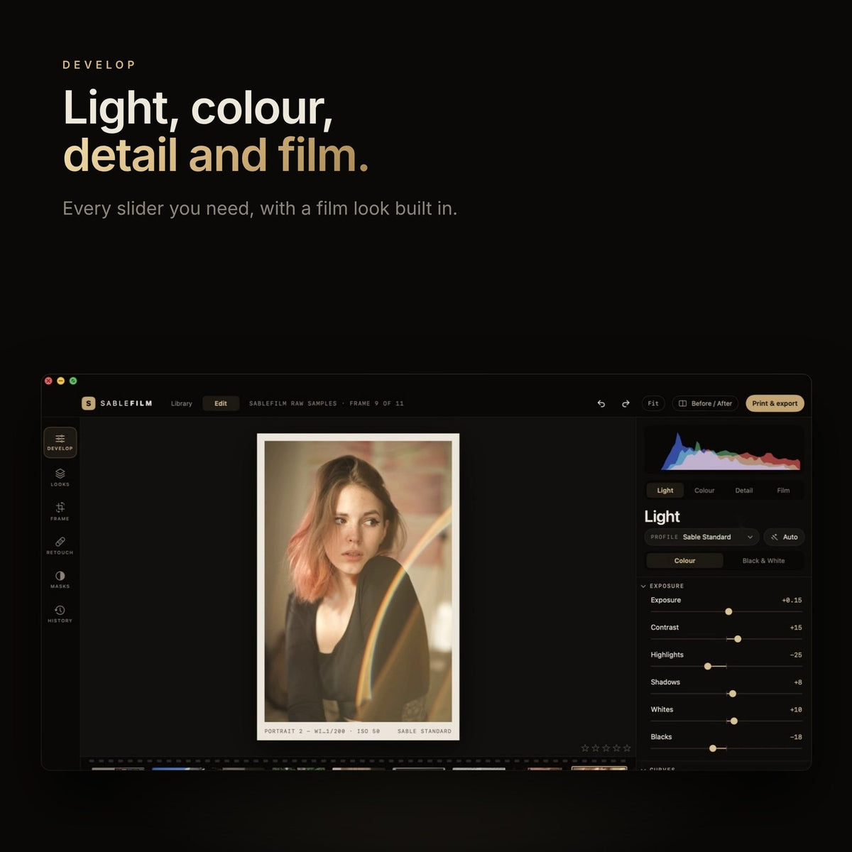 Sablefilm develop panel with light, colour, detail and film controls