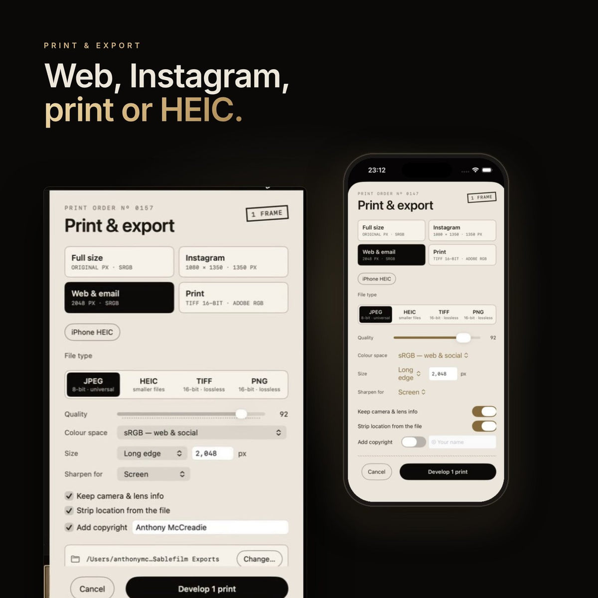 Sablefilm export dialog with JPEG, HEIC, TIFF and PNG options