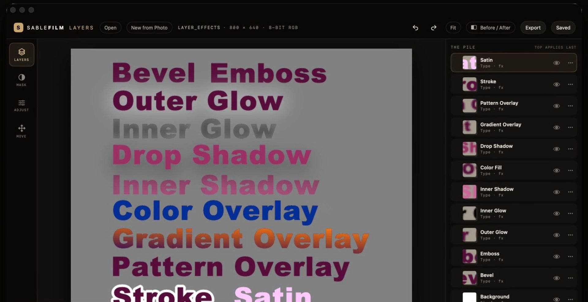 A layered PSD with text layer effects open in Sablefilm Layers