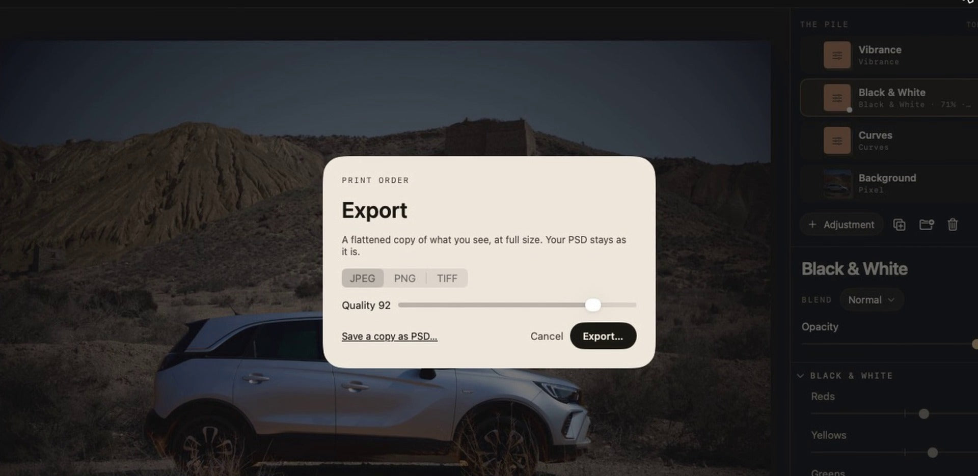 The export dialog in Sablefilm Layers