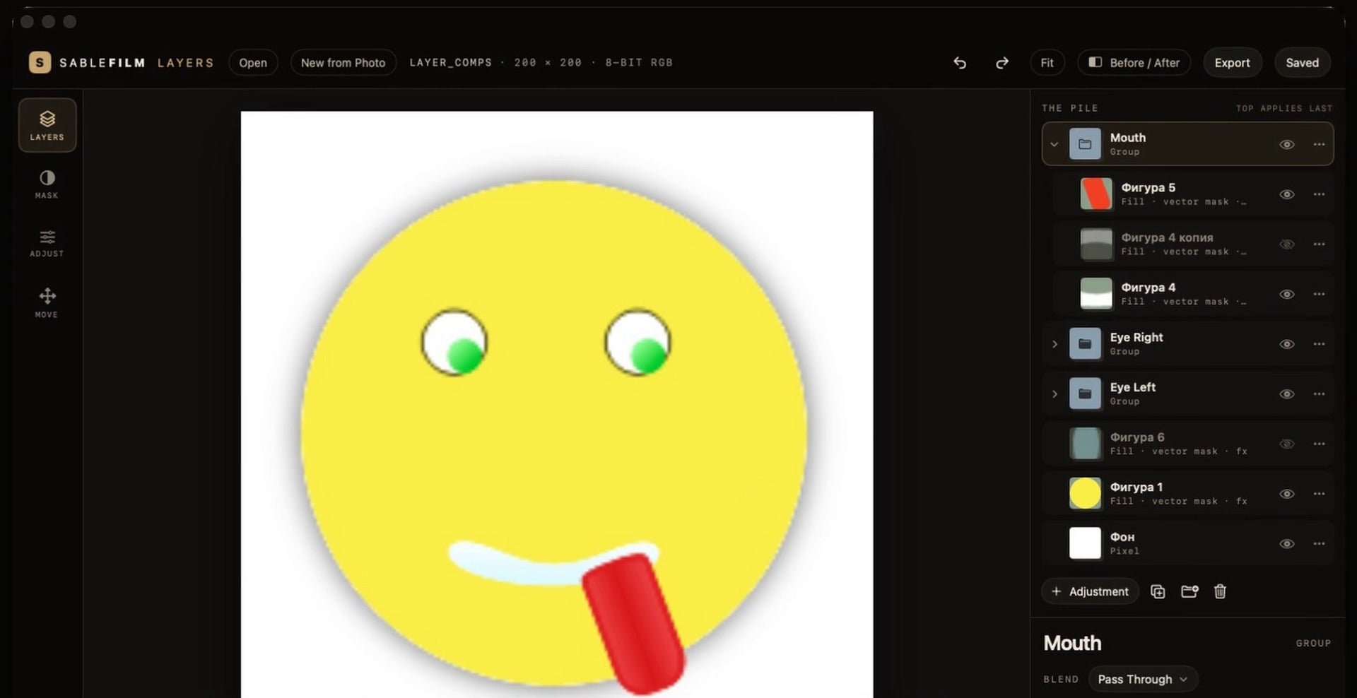 A PSD with groups, shapes and vector masks in Sablefilm Layers