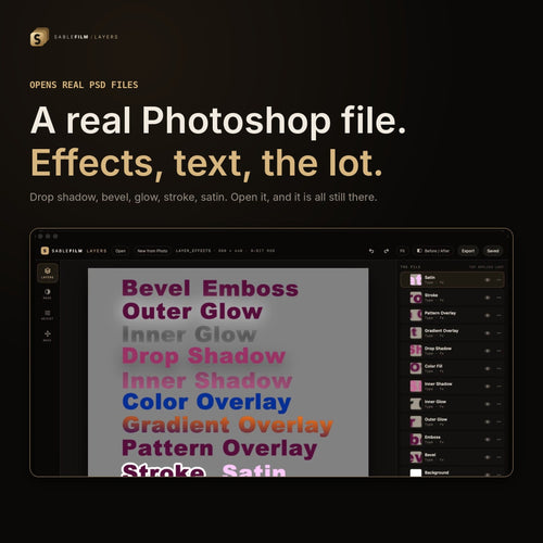 A real Photoshop file with layer effects open in Sablefilm Layers