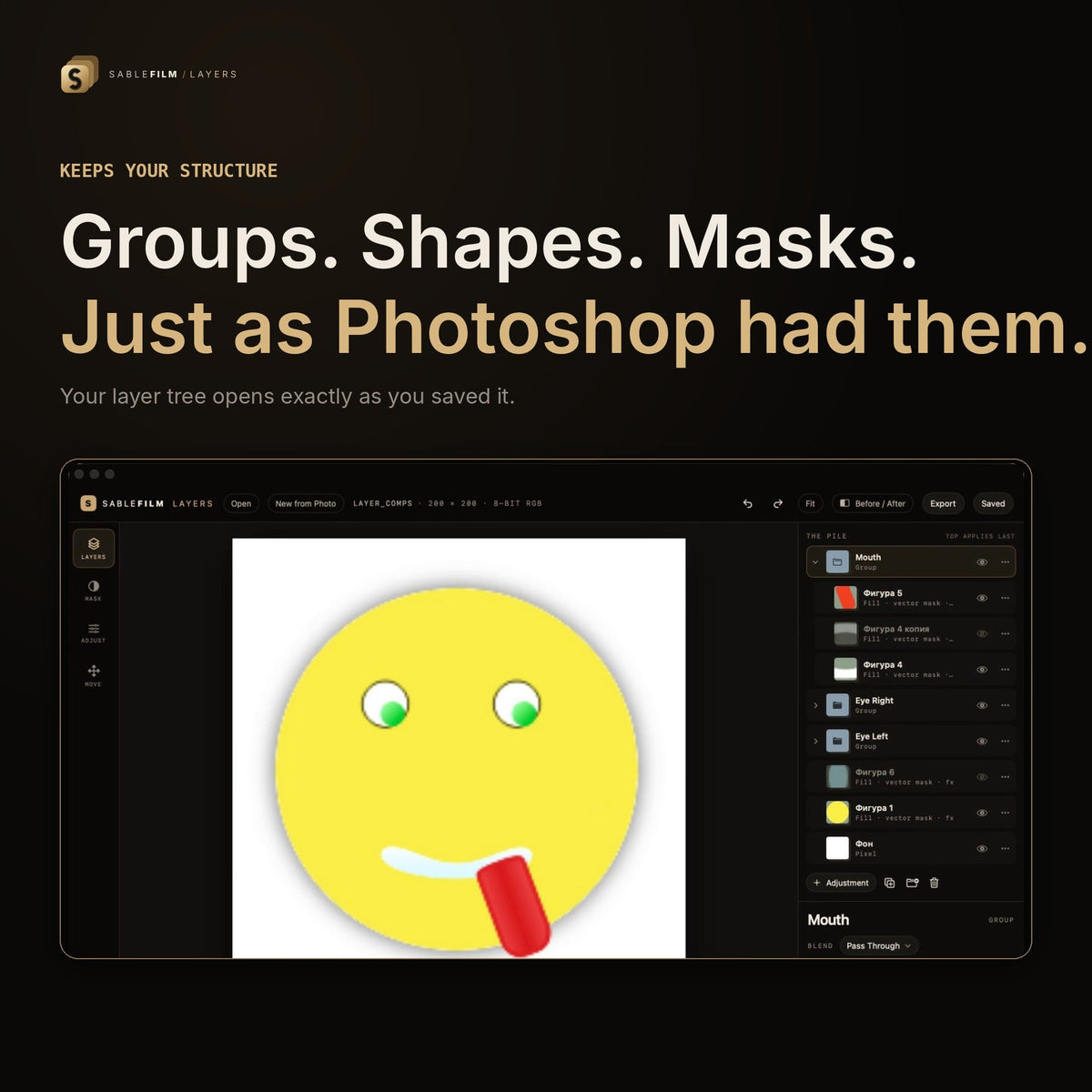 Groups, shapes and vector masks in a PSD, in Sablefilm Layers