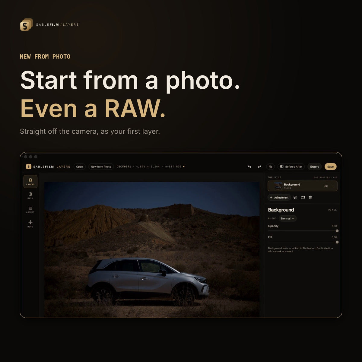 A Fujifilm RAW photo opened as the first layer in Sablefilm Layers