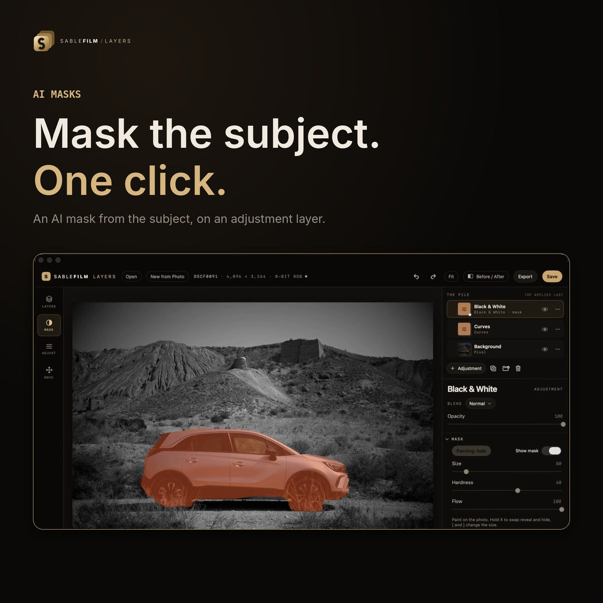 An AI subject mask over the car in Sablefilm Layers