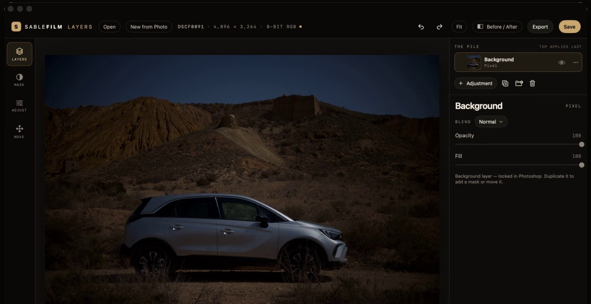 A Fujifilm RAW photo of a car in the desert opened as the first layer in Sablefilm Layers