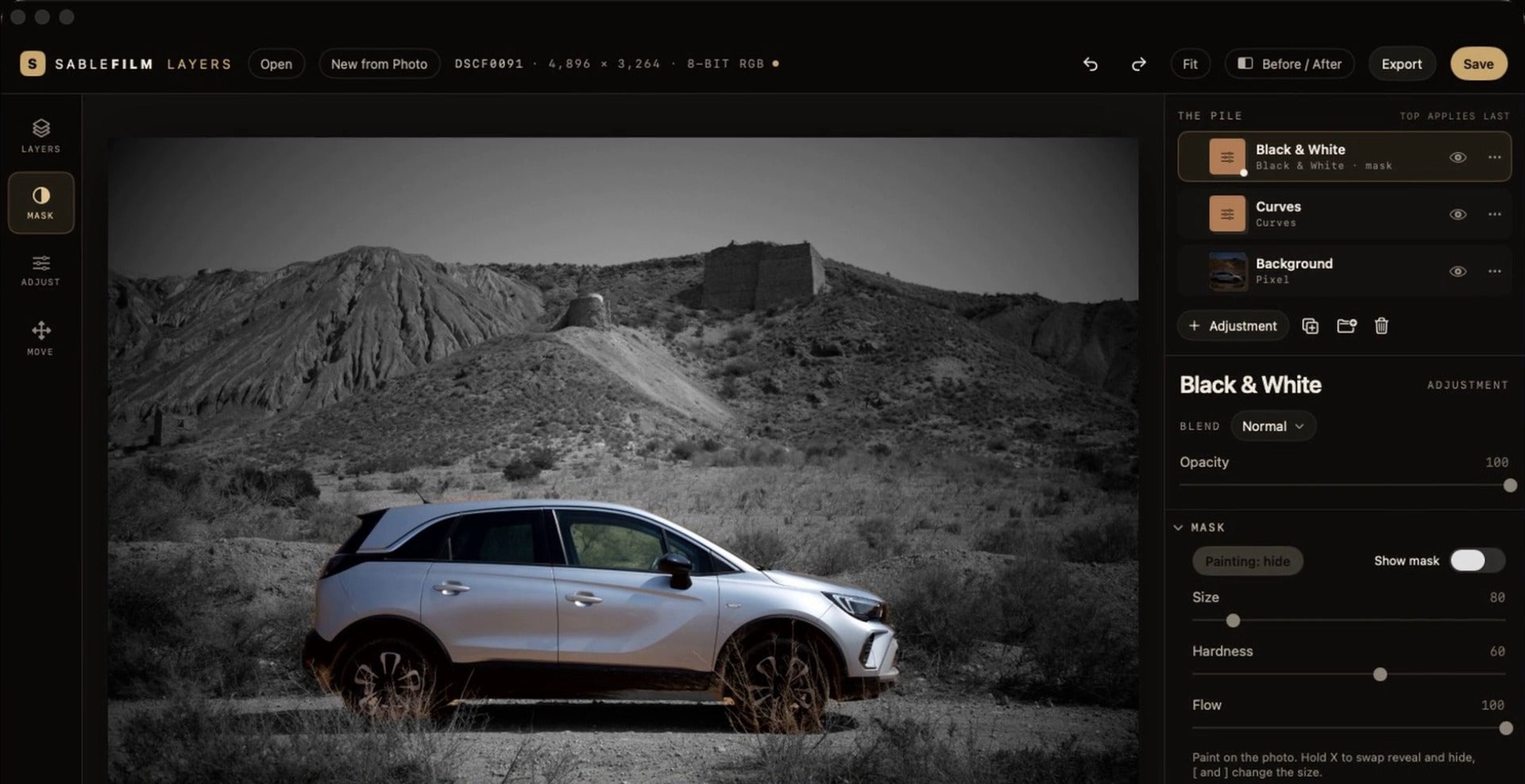 A Black and White adjustment layer with an AI subject mask in Sablefilm Layers