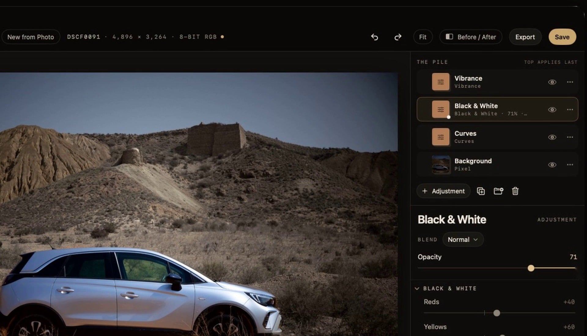 A stack of adjustment layers with an opacity slider in Sablefilm Layers