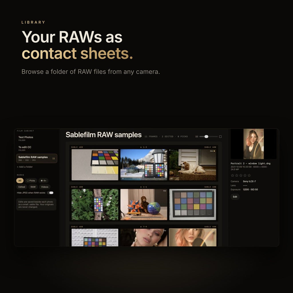 Sablefilm library showing RAW files as contact sheets